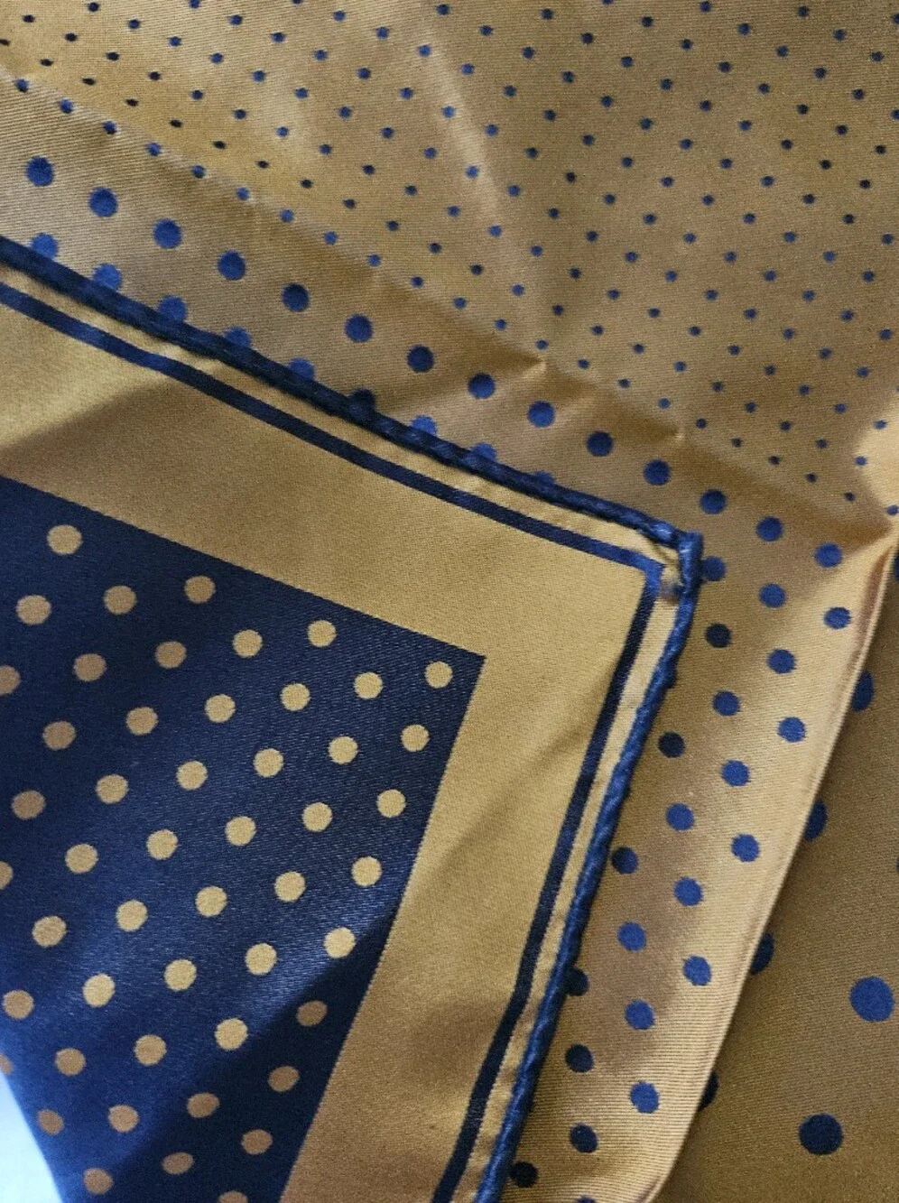 Luxury Men's Silk Gold Navy Blue Polka Dot Multi-Pattern Pocket Square | SZ 13" - Picture 4 of 6